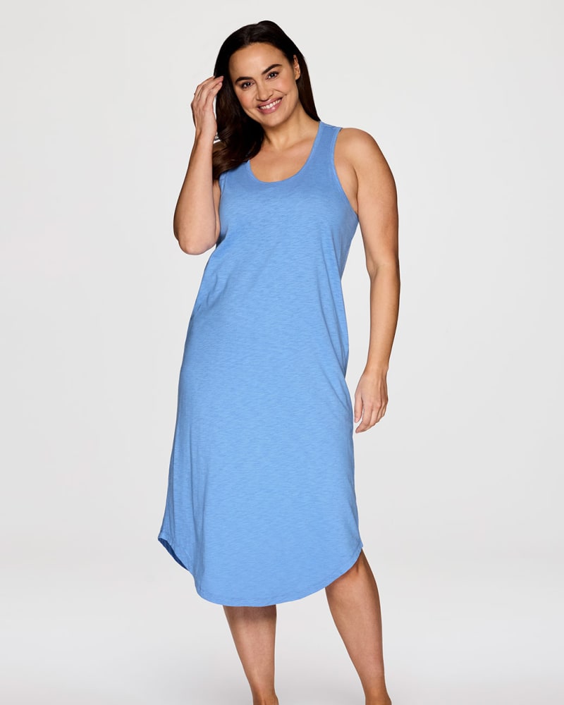 Front of a model wearing a size 3X Plus Weekender Midi Tank Dress in Capri Blue by RBX Active. | dia_product_style_image_id:348054